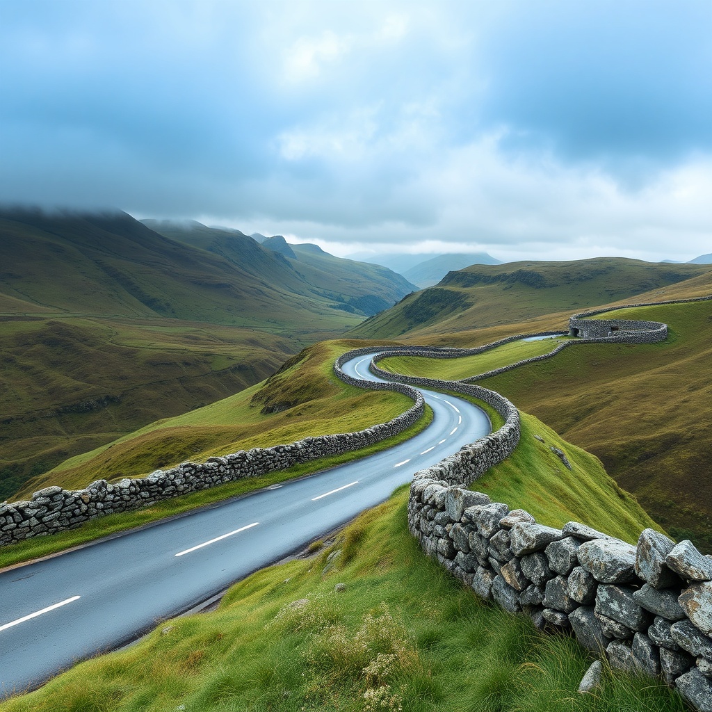 Winding road through Lake District fells under moody skies